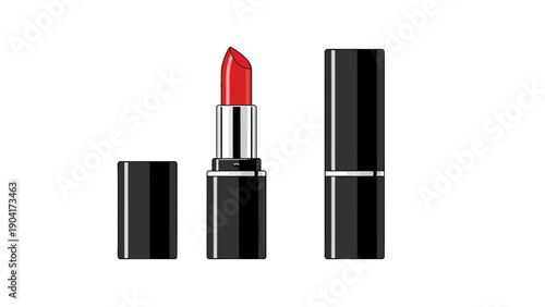 Three black lipstick containers one open showing red product one capped one cap separate
