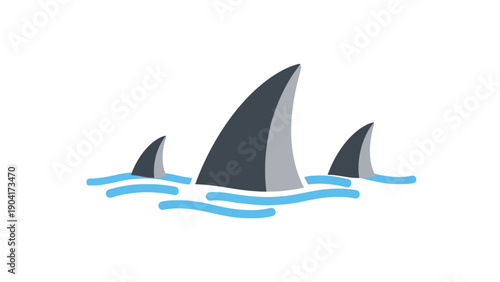 Three dark grey shark fins break the surface of light blue water