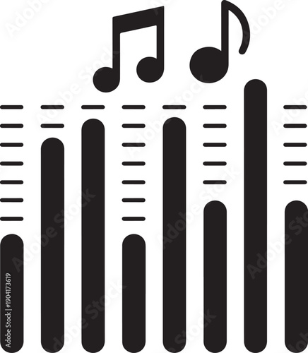 Creative music equalizer bars with musical notes representing digital sound frequency and audio art