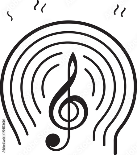 Treble clef symbol emitting radio waves or sound vibrations representing broadcasting and acoustics
