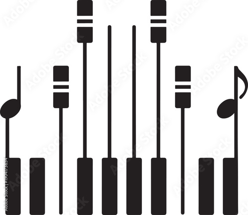 Abstract piano keyboard with musical notes and volume sliders for digital audio production concepts