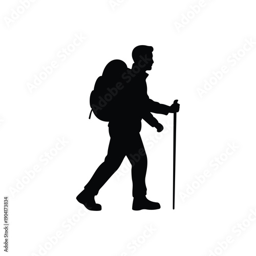 Hiking man silhouette vector flat design isolated on white background.