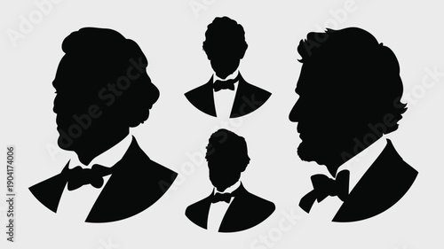 Four black silhouettes of men in suits and bow ties on a gray background vector illustration set