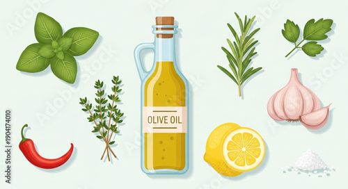 Olive oil bottle with fresh herbs and ingredients for cooking.