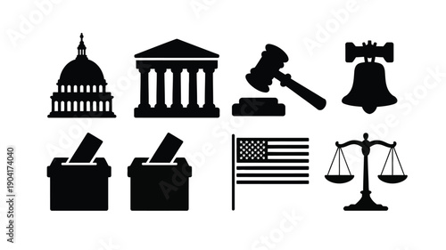 Vector illustration of american justice and democracy symbols including government buildings legal tools voting boxes the usa flag and a scale of justice on a white background