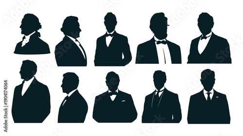 Businessmen in suits and tuxedos silhouettes collection black profiles of men in formal wear facing various directions on white background for corporate and professional concepts