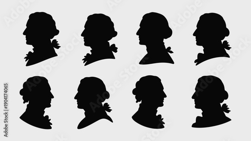 Collection of eight minimalist george washington silhouettes in profile against a light grey background