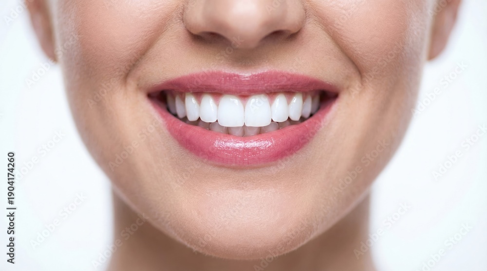 Fototapeta premium Perfect white teeth of a smiling woman shown in extreme close-up isolated on white background for dental health and beauty concept.
