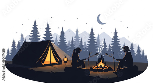 People camping in forest with tent and campfire at night.