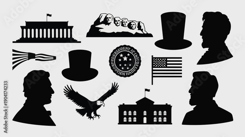 Collection of black silhouette illustrations of american symbols and historical figures on gray background