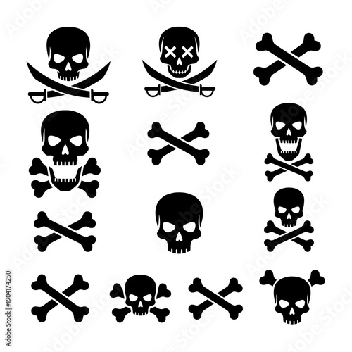 Skull and crossbones icon silhouette black vector danger symbol set