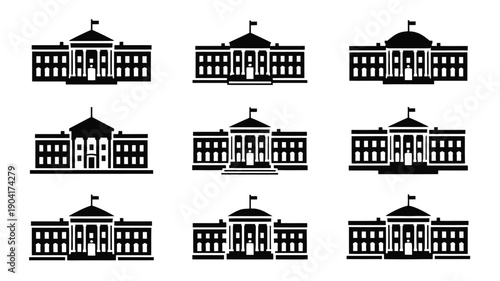 Collection of nine black and white government building icons with flags on white background for design and architecture use
