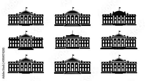Collection of nine unique government building icons in black silhouette style on white background for architecture and design projects