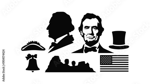 Black silhouettes of historical figures and american symbols including abraham lincoln top hat and flag on white background for patriotic designs