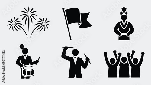 Black vector icon set featuring celebration elements including fireworks flags drummers conductors and cheering crowds on white background