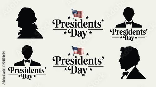 Presidents' day graphic design bundle featuring silhouette profiles of us presidents in tuxedos with american flags and patriotic text on a clean white background