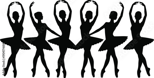 Ballet dancer silhouettes performing classical dance poses, elegant ballerina figures, artistic choreography, graceful movement, feminine strength, isolated black vector illustration
