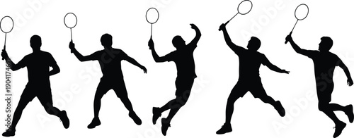Badminton player silhouette set, men playing badminton action poses smash jump serve, black vector illustration sports fitness competition