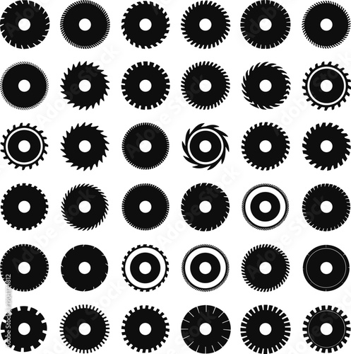 Circular saw blade silhouette icons set, industrial cutting tools collection, black vector machinery elements isolated on white background