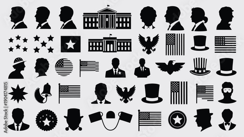 Collection of american presidential icons and symbols in black silhouette on gray background
