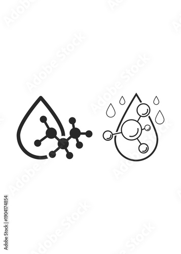 Minimalist black and white icons featuring molecular structures within liquid droplets to represent chemical solutions or acidic compounds.