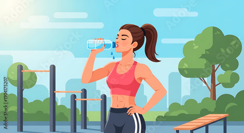 Young active woman refreshing herself with water after an outdoor workout session, promoting a healthy and fit lifestyle in a vibrant park setting under a clear sky