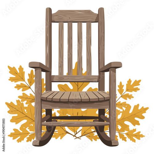 A rustic wooden rocking chair adorned with autumn leaves and golden accents.