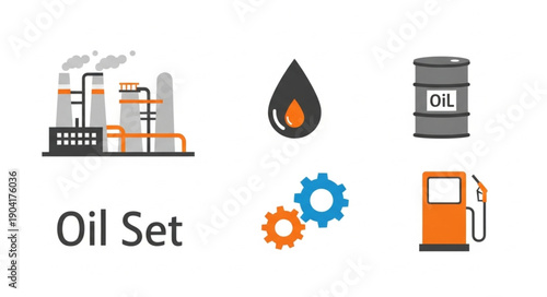 Oil Industry Icons Set Industrial Factory Fuel Barrel Gas Pump.