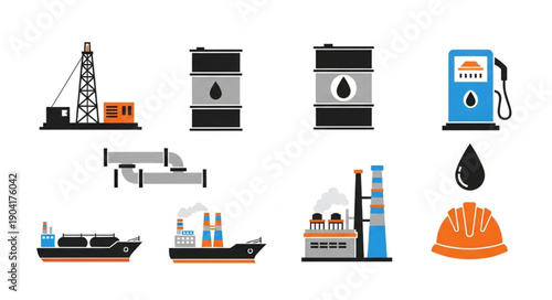 Oil industry icons set including drilling rig barrels and refinery.