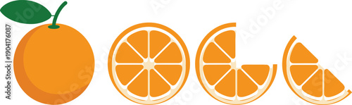 Orange fruit illustration set, whole orange and sliced segments, flat vector citrus collection isolated on white background for branding design