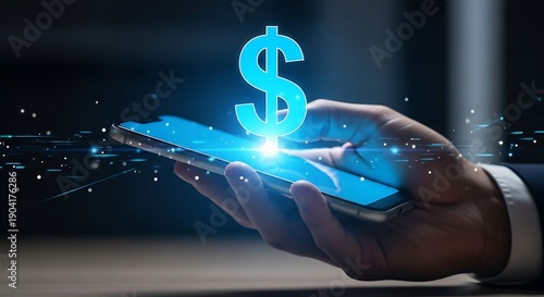 Hand holding a smartphone with a bright glowing blue dollar sign, symbolizing modern mobile banking and digital currency transactions.