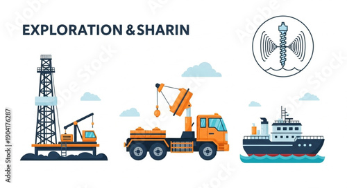 Oil rig construction truck and cargo ship illustration.