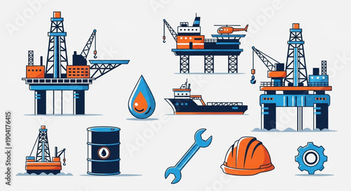 Oil rig and industrial equipment illustration set.