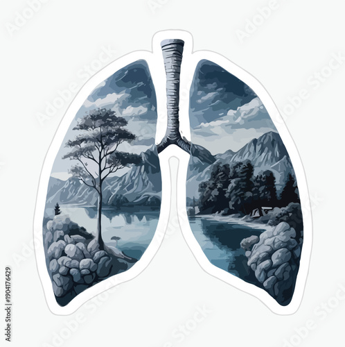 Nature Lungs Cartoon Line Art – Black-and-White Illustration with Trees, Lake, Cabin, and Mountains Inside Human Lungs