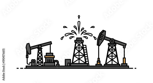 Oil pump jacks and drilling rig in a row.