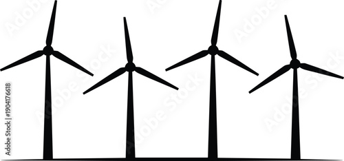 Wind turbine silhouette landscape showing renewable energy power generation, clean electricity concept, eco friendly technology illustration isolated background