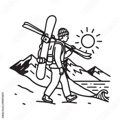 Minimalist Line Art Illustration of Adventurer Carrying Skis and Snowboard Toward Mountains and Ocean.