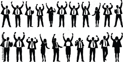 Large collection of successful business people silhouettes celebrating with arms raised for corporate victory teamwork achievement career goals professional triumph and leadership concepts.