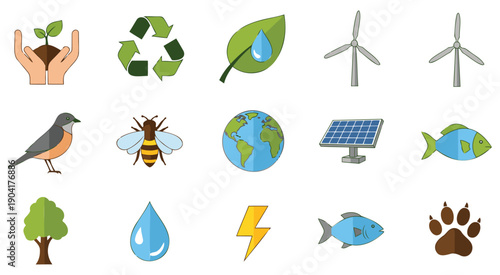 Illustrations representing various elements of environmental sustainability and conservation