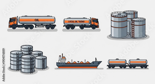 Oil industry transportation and storage elements collection.