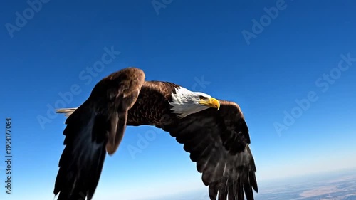 Bald eagle soaring through the clear blue sky with outstretched wings