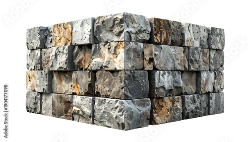 Stacked, rough-hewn stone blocks, forming a cube structure