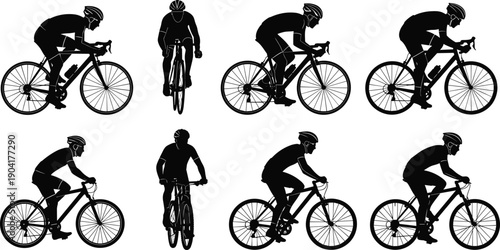 A large collection of professional cyclist silhouettes featuring male riders on road bikes and mountain bikes for sports fitness training outdoor adventure and racing.