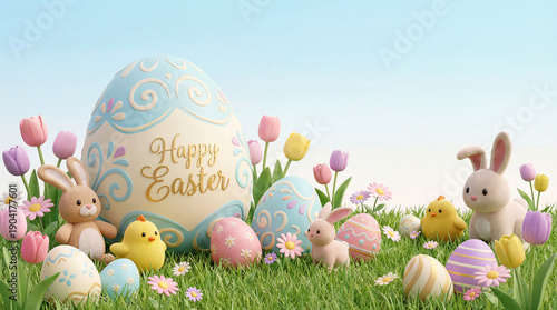 This image captures a charming Easter celebration with colorful decorated eggs, fluffy bunnies, and baby chicks nestled in vibrant green grass with tulips under a bright blue sky. Generative AI.