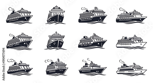 Collection of Cruise Ship Illustrations: Sea Travel and Vacation Icons