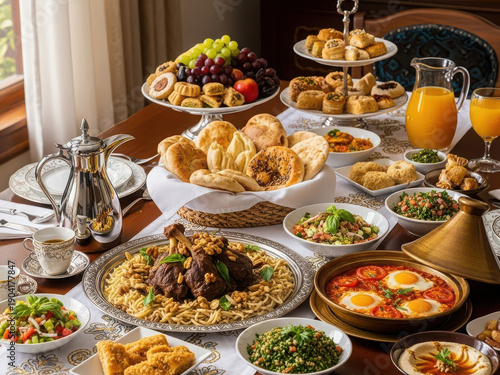 Abundant Middle Eastern Feast Laid Out on a Table with Various Dishes and Drinks.