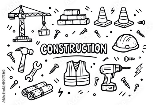 Hand drawn line art construction tools set featuring a crane, hammer, drill, and safety equipment for building projects