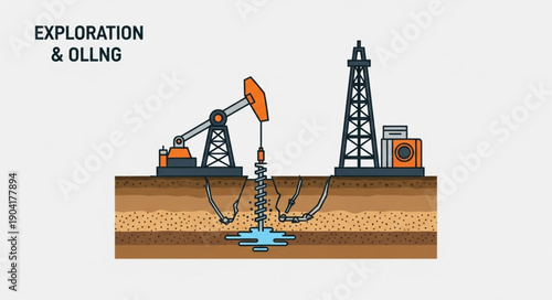 Oil exploration and drilling equipment illustration.