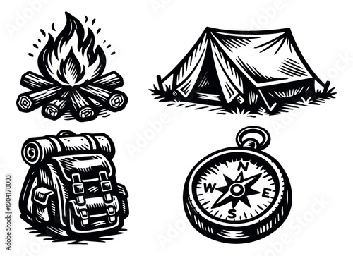 Hand drawn line art camping gear set featuring a campfire, tent, backpack, and compass for outdoor adventures