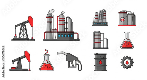 Oil industry icons including pump jacks refinery and fuel nozzle.
